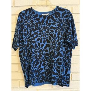 Chicos 2 Top Womens‎ Large Blue Black Abstract Floral Short Sleeve Sweater Artsy